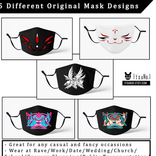 Original Design Facemask with Carbon Activated Filter Oriental Anime Japanese Inspired Art Masks Fox Kitsune Oni Mask Face covering