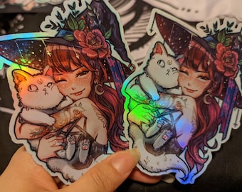 Handmade Original Illustration Anime Gothic Art Sticker - Witch with Cat series Holographic and Matte UV protected Sticker