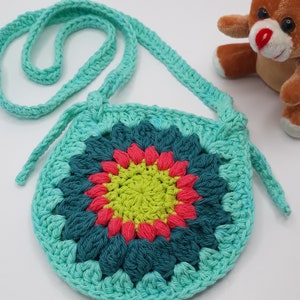 Custom Toddler Flower Purse, Girl Sunflower Crossbody Bag, Custom Order Girl Shoulder Tote, Boho Play Bag, Crochet Child Bag, Birthday Gift Aqua Trim/Strap