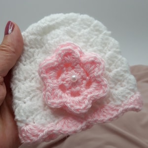 White Baby Hat With Flower, Preemie Baby Girl Hat Crochet, Baby Hospital Cap, Crochet Baby Beanie with Flower, Newborn Soft Hat,Newborn Gift image 1