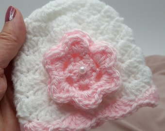 White Baby Hat With Flower, Preemie Baby Girl Hat Crochet, Baby Hospital Cap, Crochet Baby Beanie with Flower, Newborn Soft Hat,Newborn Gift