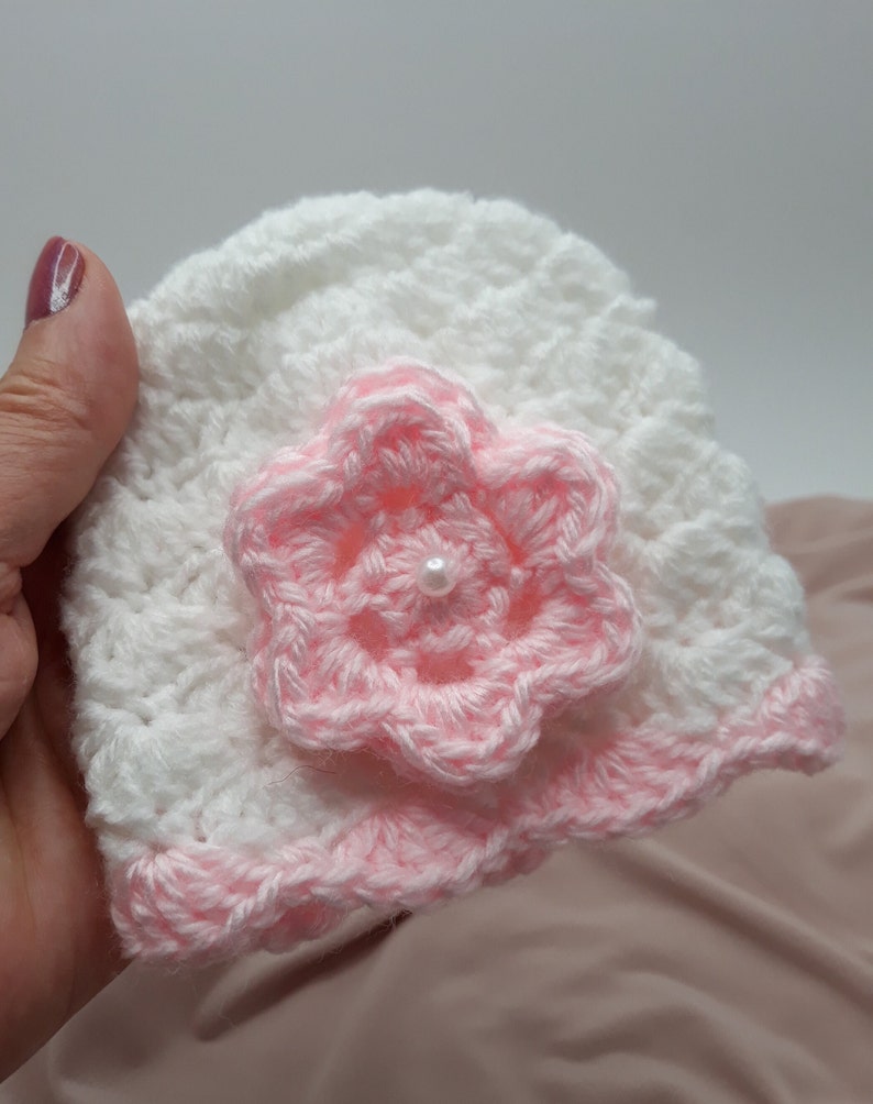 White Baby Hat With Flower, Preemie Baby Girl Hat Crochet, Baby Hospital Cap, Crochet Baby Beanie with Flower, Newborn Soft Hat,Newborn Gift image 1