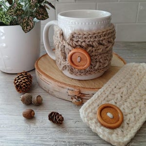 Crochet Handled Coffee Mug Cozy: Cotton Buttoned Cup Warmer, Farmhouse Mug Wrap