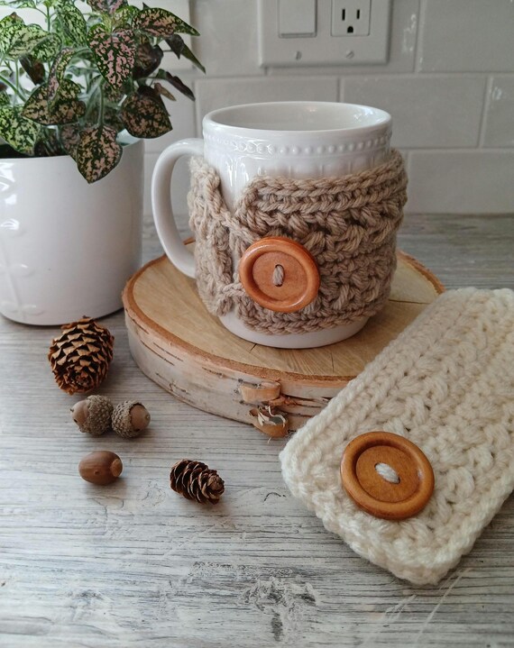 Crochet Handled Coffee Mug Cozy, Reusable Cotton Buttoned Cup Warmer, Loop & Button Detail