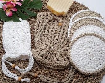 Wellness Bath & Shower Gift Set, Handmade Self-Care Spa Gift, Soap Bag, 4 Cotton Face Pads, Cotton Laundry/Storage Bag, Woman Wellness Gift