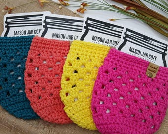 Crochet Cotton Pint Jar Cozy, Reusable Mason Jar Sleeve, Various Sizes & Colors