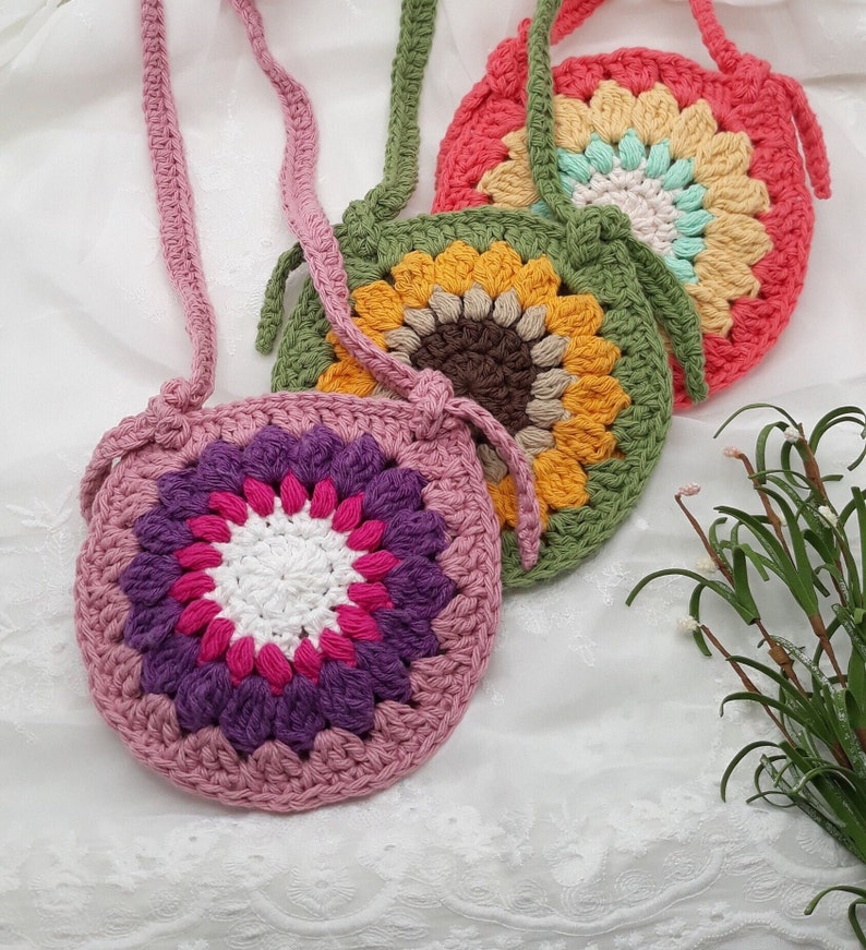 Custom Toddler Flower Purse, Girl Sunflower Crossbody Bag, Custom Order Girl Shoulder Tote, Boho Play Bag, Crochet Child Bag, Birthday Gift image 1