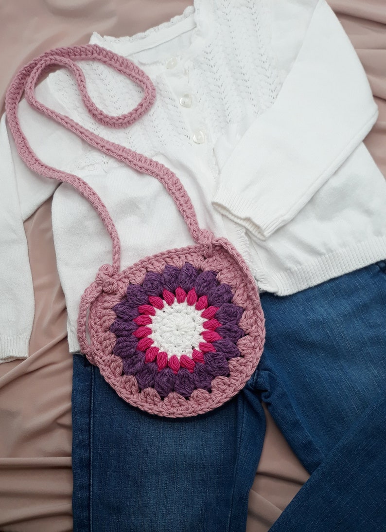 Custom Toddler Flower Purse, Girl Sunflower Crossbody Bag, Custom Order Girl Shoulder Tote, Boho Play Bag, Crochet Child Bag, Birthday Gift Rose Pink Trim/Strap