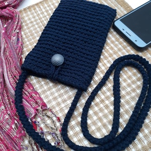 Crossbody Cell Phone Purse, Handmade Mini Cell Phone Bag, Crochet Shoulder Mini Bag, Youth Mobile Phone Bag, Cell Phone Pouch, Mother's Day Navy