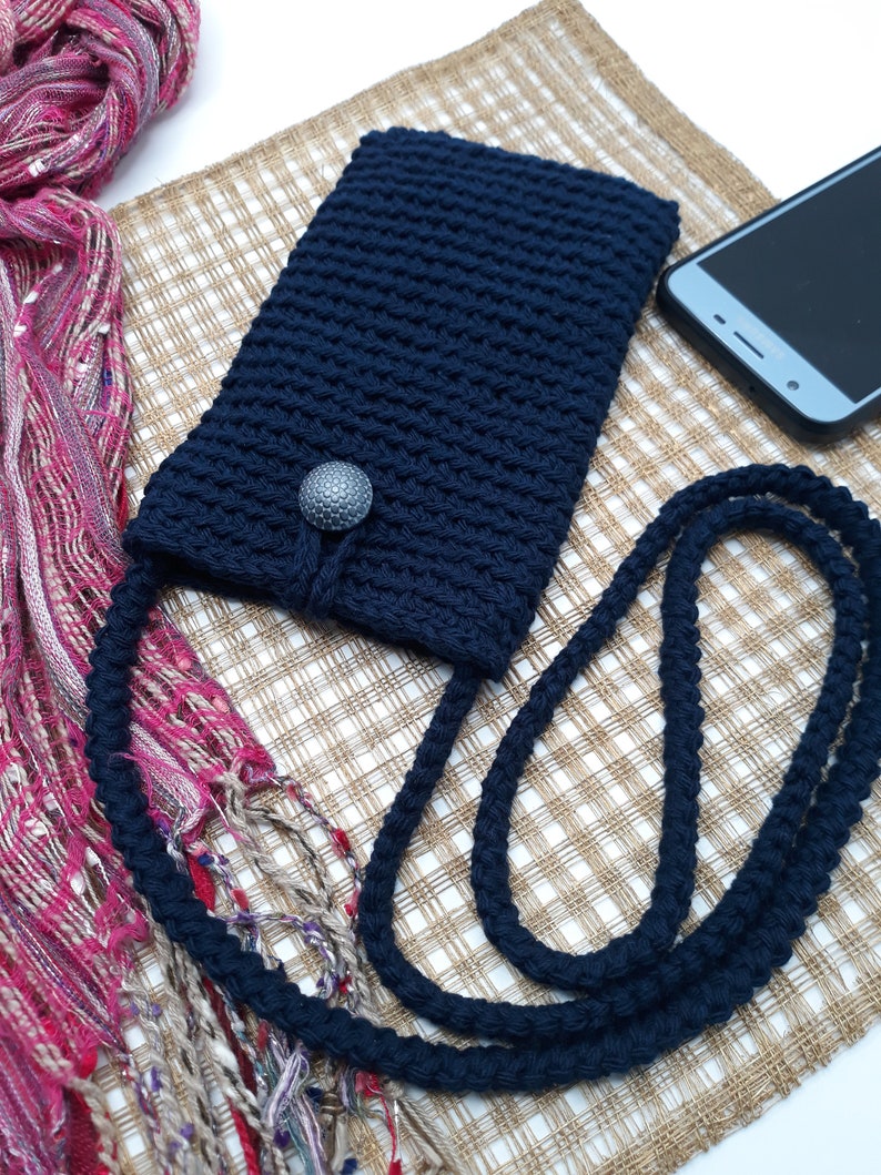 Crossbody Cell Phone Purse, Handmade Mini Cell Phone Bag, Crochet Shoulder Mini Bag, Youth Mobile Phone Bag, Cell Phone Pouch, Mother's Day Navy