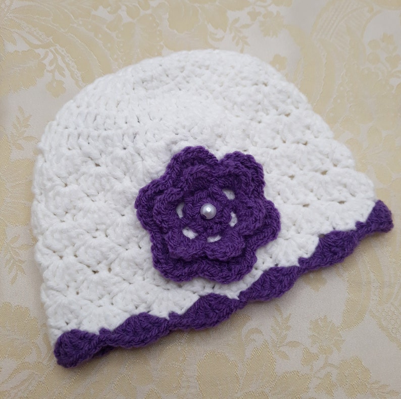 White Baby Hat With Flower, Preemie Baby Girl Hat Crochet, Baby Hospital Cap, Crochet Baby Beanie with Flower, Newborn Soft Hat,Newborn Gift image 7