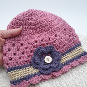 Flower Beanie Hat for Girl, Crochet Winter Beanie for Young Girl, Child & Baby Winter Hat, Fall Beanie Hat for Toddler, Gift for Grandchild RoseTaupeSoftViolet