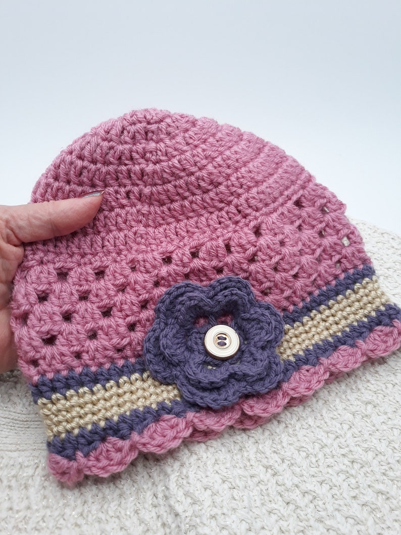 Flower Beanie Hat for Girl, Crochet Winter Beanie for Young Girl, Child & Baby Winter Hat, Fall Beanie Hat for Toddler, Gift for Grandchild RoseTaupeSoftViolet