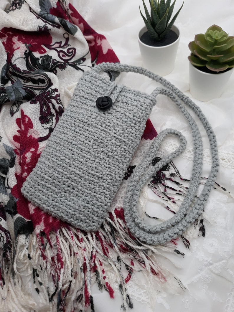 Crossbody Cell Phone Purse, Handmade Mini Cell Phone Bag, Crochet Shoulder Mini Bag, Youth Mobile Phone Bag, Cell Phone Pouch, Mother's Day Grey