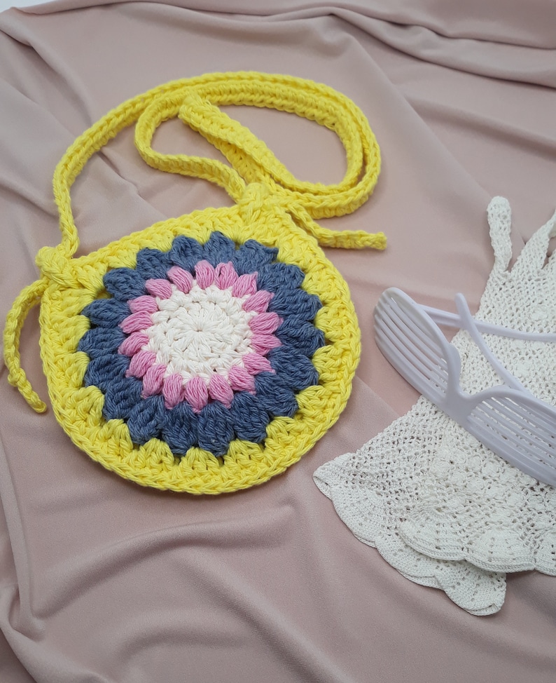 Custom Toddler Flower Purse, Girl Sunflower Crossbody Bag, Custom Order Girl Shoulder Tote, Boho Play Bag, Crochet Child Bag, Birthday Gift Yellow Trim/Strap