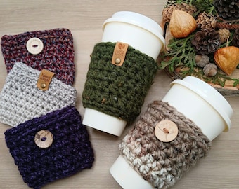 Chunky Crochet Coffee Cozy, Reusable Cup Sleeve with Button, Tag Details