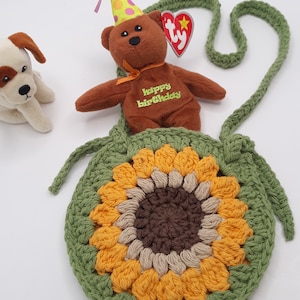 Custom Toddler Flower Purse, Girl Sunflower Crossbody Bag, Custom Order Girl Shoulder Tote, Boho Play Bag, Crochet Child Bag, Birthday Gift MossGreen Trim/Strap