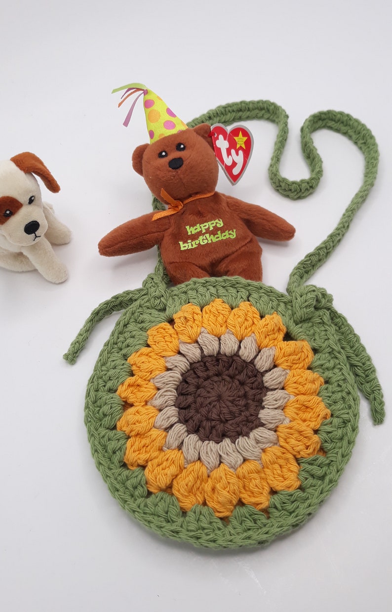 Custom Toddler Flower Purse, Girl Sunflower Crossbody Bag, Custom Order Girl Shoulder Tote, Boho Play Bag, Crochet Child Bag, Birthday Gift MossGreen Trim/Strap