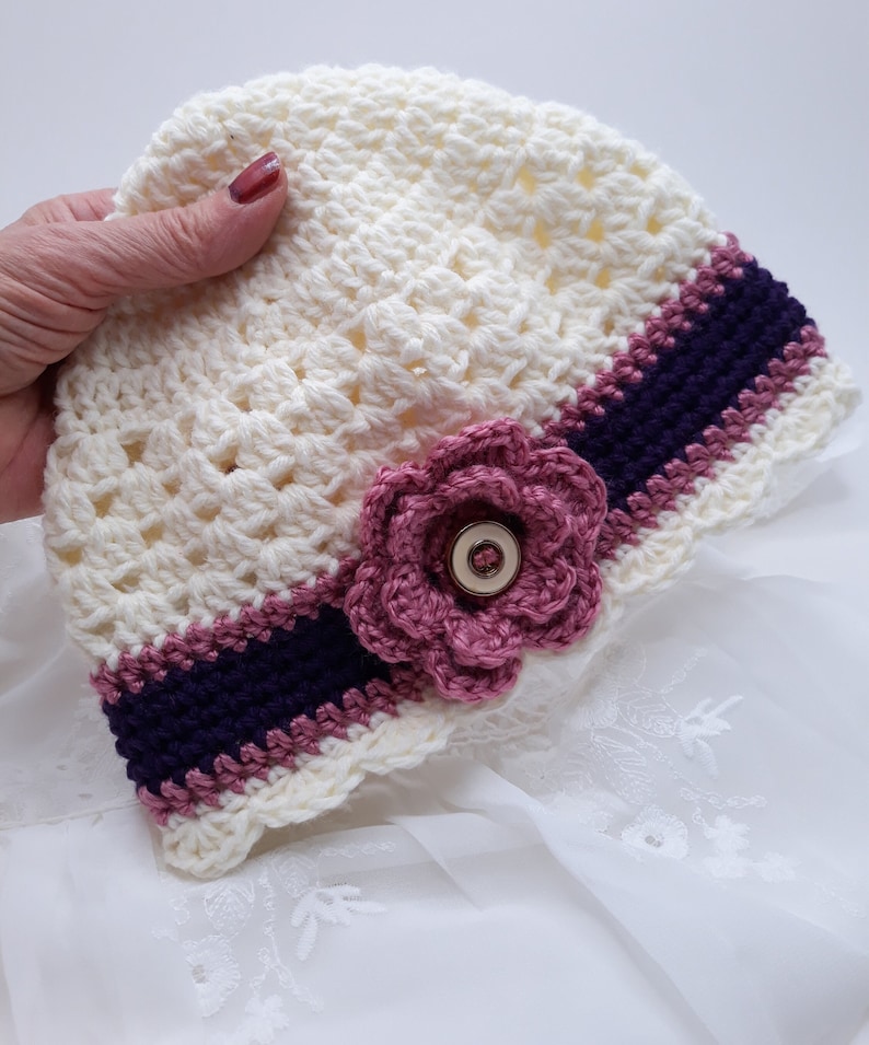 Flower Beanie Hat for Girl, Crochet Winter Beanie for Young Girl, Child & Baby Winter Hat, Fall Beanie Hat for Toddler, Gift for Grandchild SoftEcruEggplantRose