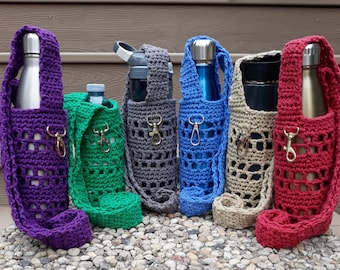 Crochet Water Bottle Holder, Water Bottle Carrying Bag, Crossbody Water Bottle Sleeve, Handmade Drink Holder, Metal Key Clip,Gift for Walker