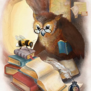 May include: An owl wearing glasses sits in a cave-like setting with a stack of books, a quill pen, and an ink bottle. A bee is perched on a book. The owl is reading a book titled "The Owl Almanac".