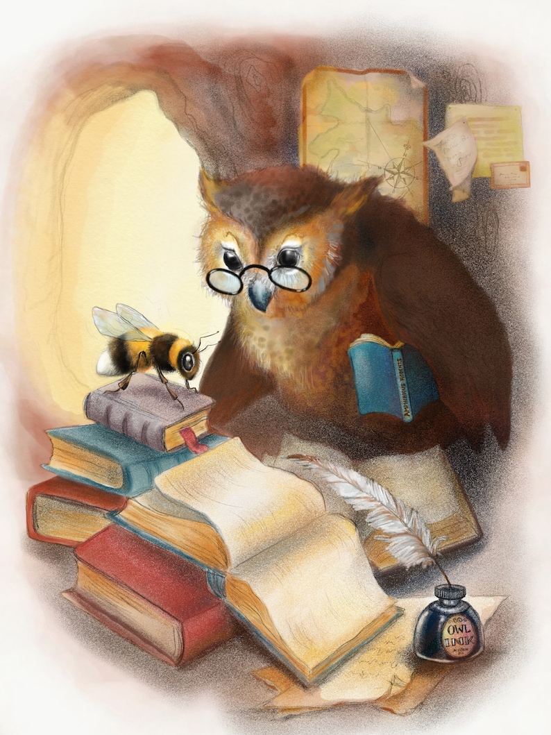 May include: An owl wearing glasses sits in a cave-like setting with a stack of books, a quill pen, and an ink bottle. A bee is perched on a book. The owl is reading a book titled "The Owl Almanac".