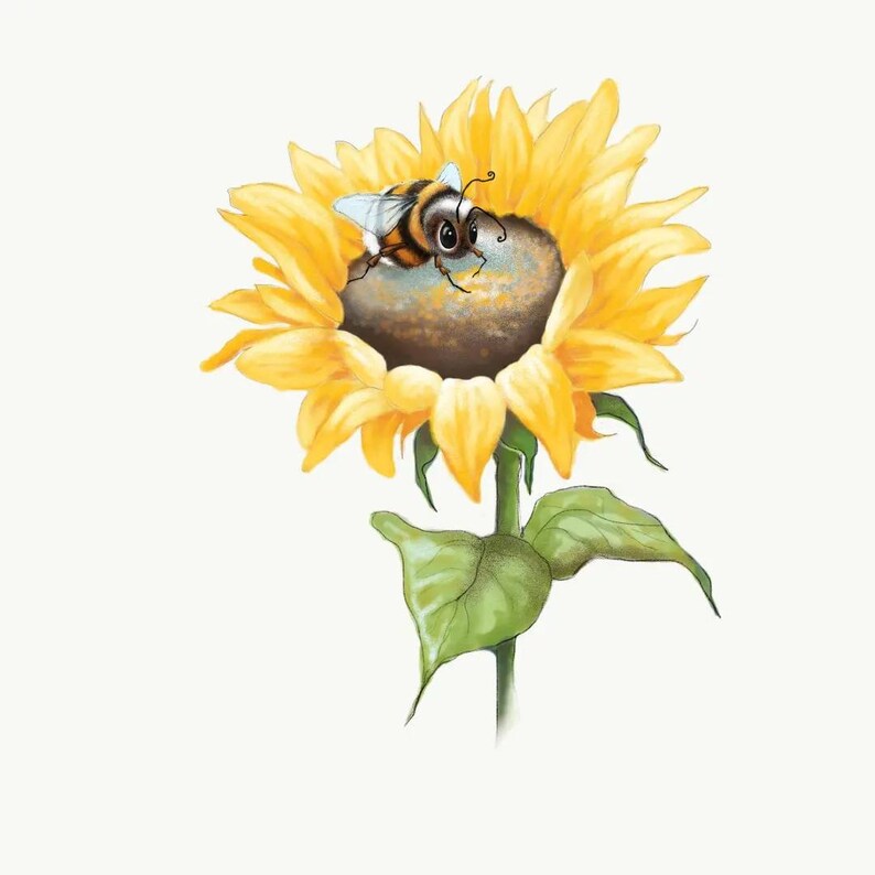 May include: A yellow sunflower with a bee on it. The sunflower has a brown center and green leaves.