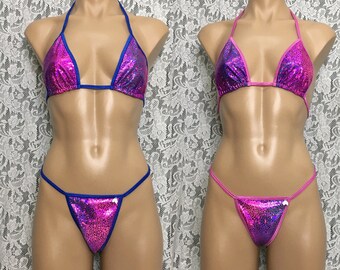 Pink Blue Foil Metallic Gstring Thong Bikini Set