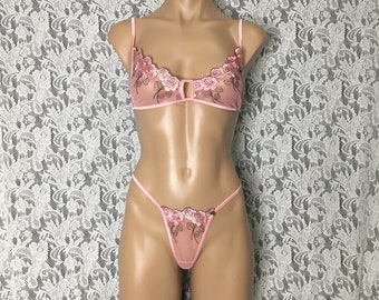 Roze mesh sexy lingerie bralette gstring string set
