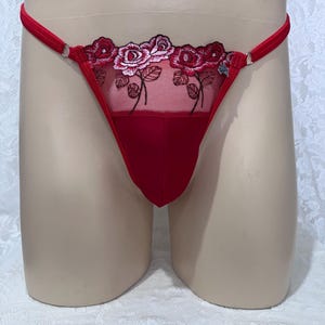 Puede incluir: Tanga rojo con bordado floral en la parte delantera. El bordado presenta rosas rosas y rojas con hojas verdes. El tanga tiene finas correas rojas y pequeños anillos plateados en los laterales.
