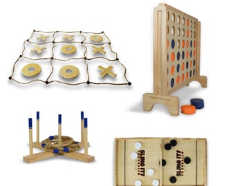 Paquete de juegos de jardín para toda la familia: Conecta 4 gigante / Lanzamiento de aros gigante / Tres en raya / Futbolín Sling It / Bolsas de transporte