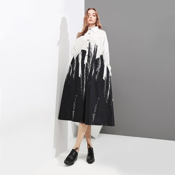 StellaMarinaShop Painting Style Woman Summer Long Sleeve Black and White Printed Shirt Dress Tie Dye Plus Size Midi Casual Dress
