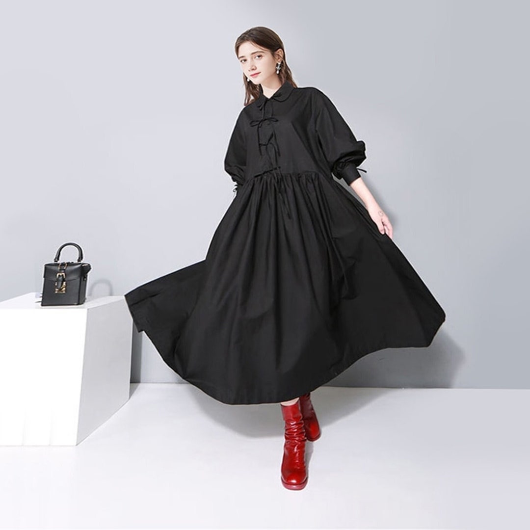 Japanese Style Solid Black Gothic Woman Shirt Dress Long - Etsy