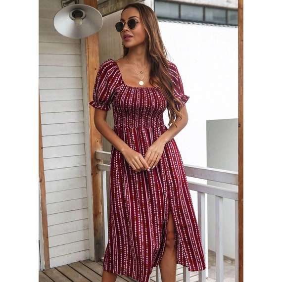 tan dresses Flattering Button Front Midi Dress Dresses: Printed Dresses Color:Vintage-Mauve Business Casual business outfits