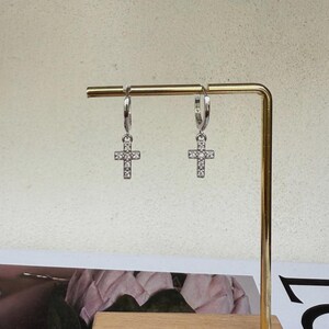 Sparkling CZ Cross Hoops, 925 Sterling Silver Dangle Earrings, Edgy Y2K Minimalist Gift