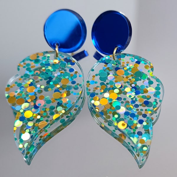 Boucles d'oreilles confettis paillettes glitter bleu doré et acrylique miroir bleu