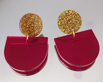 Gold glitter and red acrylic tab earrings