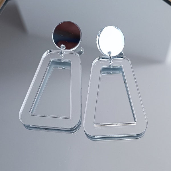 Boucles d'oreilles trapèze grand modèle acrylique miroir argent