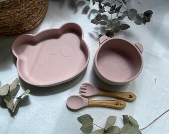 Panda children's tableware powder pink | Set of cutlery, bowl & plates made of silicone