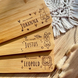 Breakfast board with various motifs made of bamboo, hygienic cutting board with name engraving