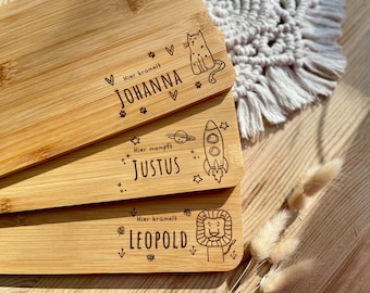 Breakfast board with various motifs made of bamboo, hygienic cutting board with name engraving