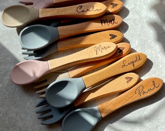 Kinderbesteck - Set aus Gabel und Löffel mit Gravur - Herz auf der Gabel