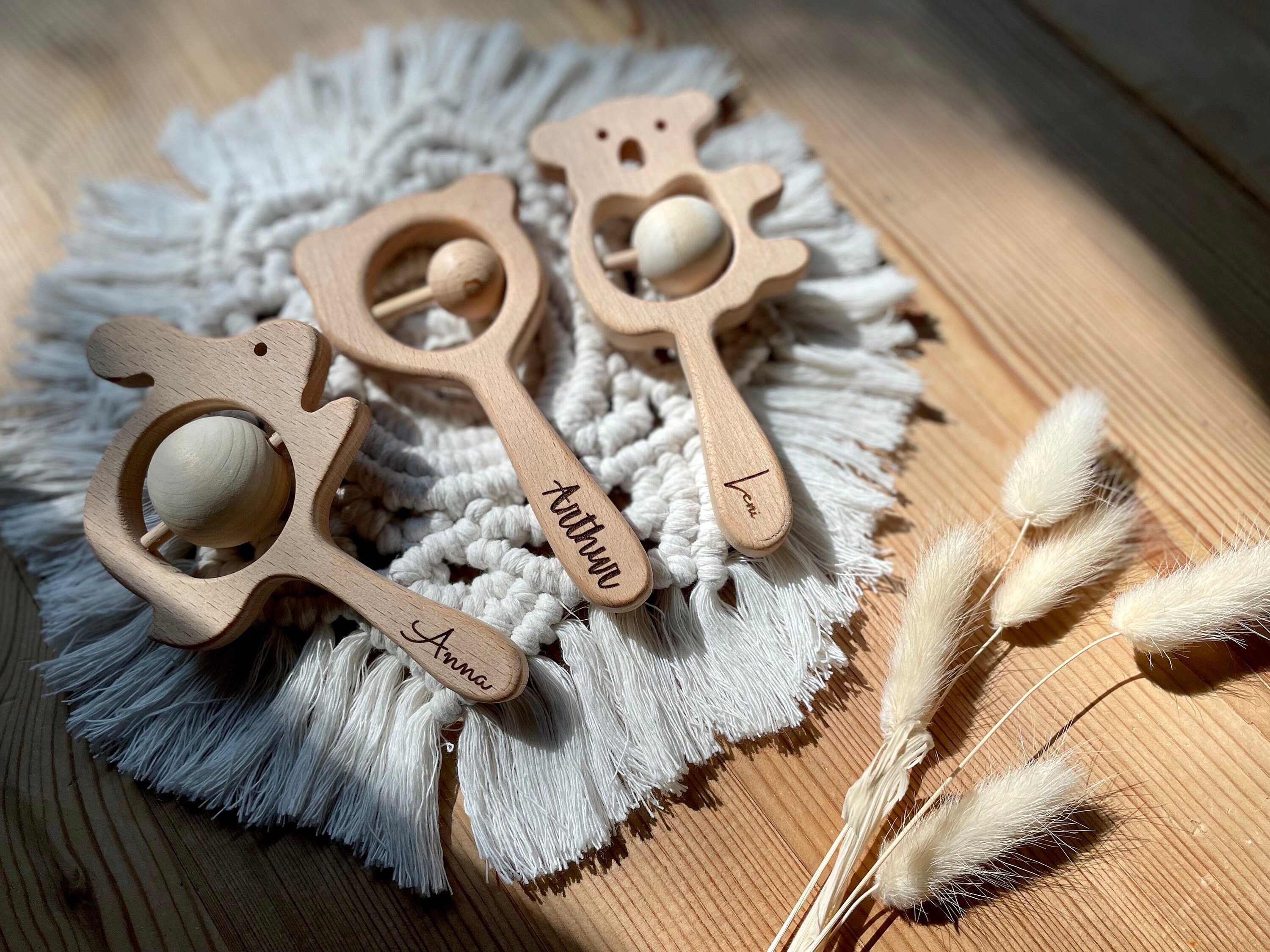 Personalized wooden rattles for newborns and babies with engraving