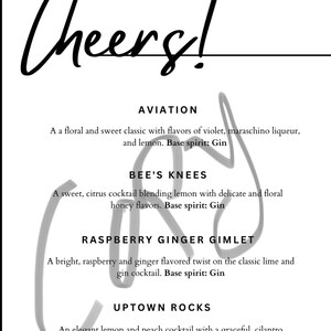 May include: A black and white cocktail menu with the word "Cheers!" in cursive script. The menu lists four gin-based cocktails: Aviation, Bee's Knees, Raspberry Ginger Gimlet, and Uptown Rocks, with descriptions.