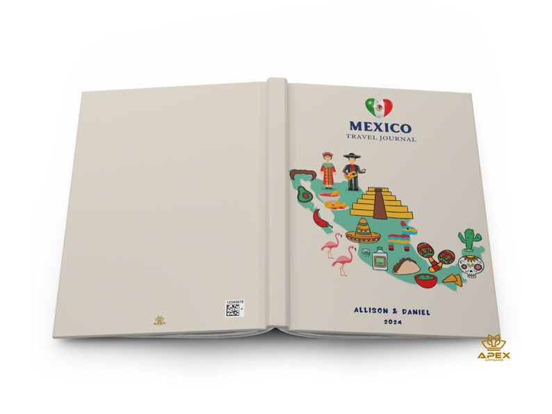 May include: A beige travel journal with a map of Mexico on the cover. The cover features illustrations of a pyramid, maracas, a taco, a cactus, a sombrero, and a pi&ntilde;ata. It includes the text MEXICO TRAVEL JOURNAL, ALLISON & DANIEL, and 2024.