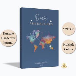 Personalized Travel Journal, Our Adventures Couple Notebook, World Map Memory Book, Hardcover Travel Gift