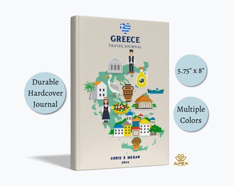 Diario de viaje a Grecia, regalo de viaje a Grecia, cuaderno personalizado para vacaciones en Grecia, regalo de luna de miel en Atenas, álbum de recortes con mapas de Grecia