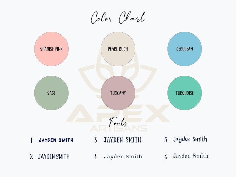 May include: A color chart featuring six circles labeled Spanish Pink, Pearl Bush, Cerulean, Sage, Tuscany, and Turquoise. Below, a font list displays the name Jayden Smith in six distinct styles, with the text Apex Artisans visible in the background.