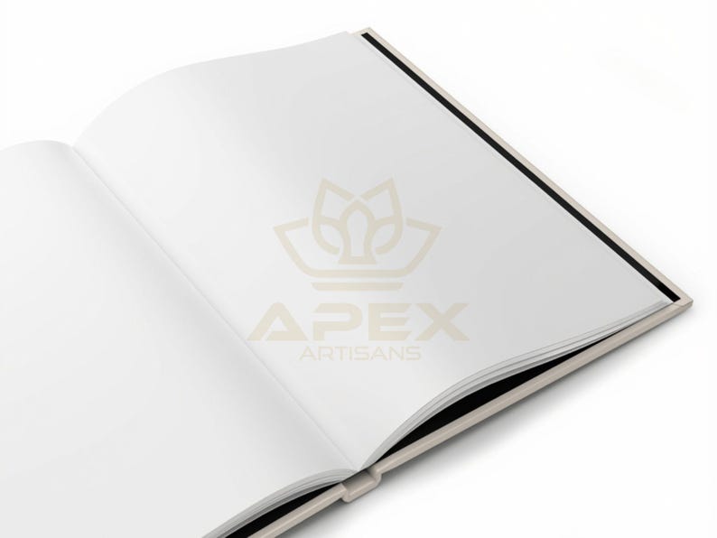 May include: An open book with blank white pages, featuring a light beige cover and a black spine. The center of the pages displays a faint, light beige logo with the text APEX ARTISANS printed in a clean, sans-serif font on the right page.