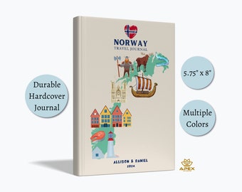 Diario di viaggio in Norvegia - Quaderno di vacanza personalizzato, regalo di nozze per i fiordi di Oslo, libro dei ricordi con la mappa della Norvegia